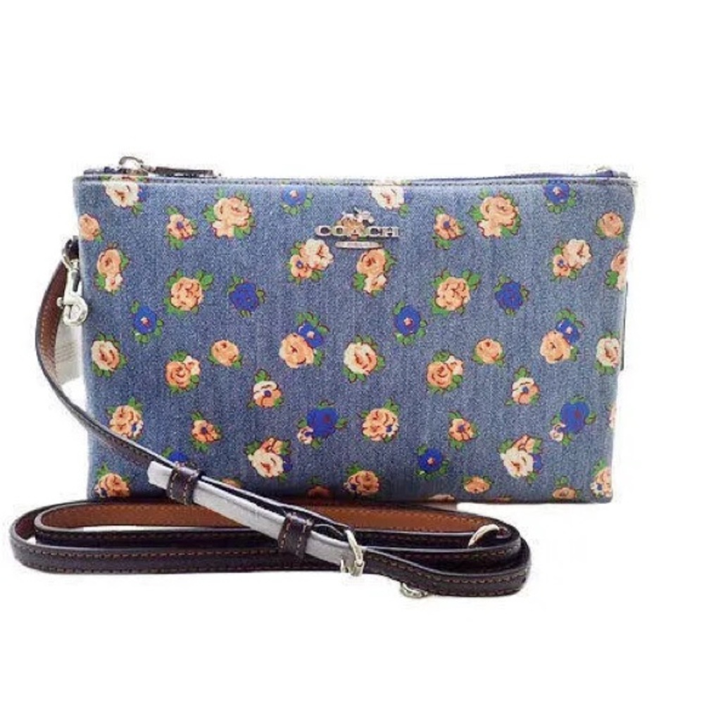 Coach New York |Floral Print Denim Leather Layla Crossbody Shoulder Bag|